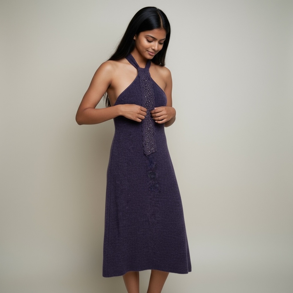 Coconuda‎ Donna Purple Mohair Blend Knit Halter Midi Dress Size L
